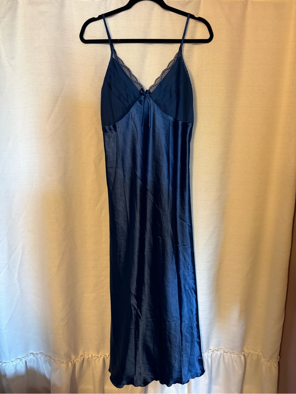 Silky Navy Satin Slip Dress with Lace Trim